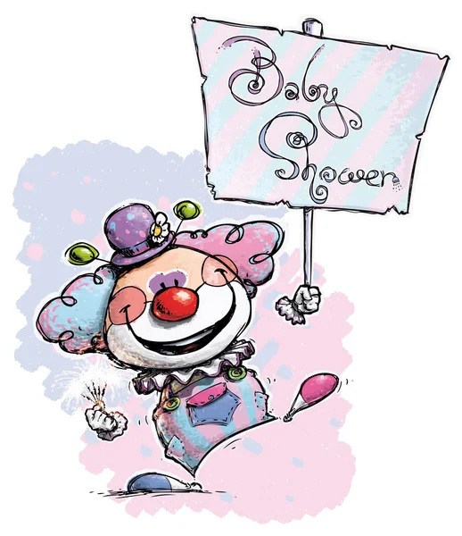 Clown hålla en baby dusch plakat — Stock vektor