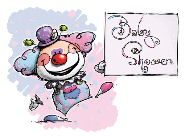 Clown mit Babyduschkarte — Stockvektor