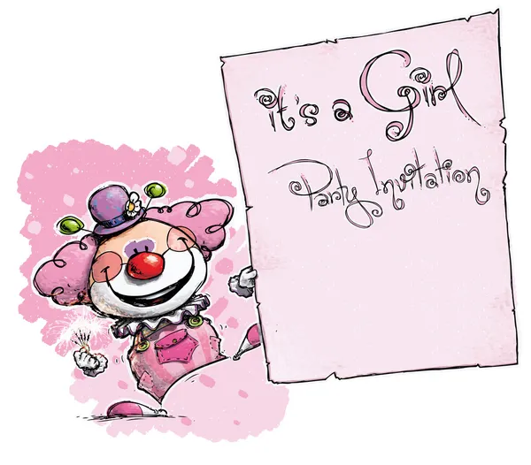Clown Holding Invitation - It 's a Girl Party — стоковый вектор
