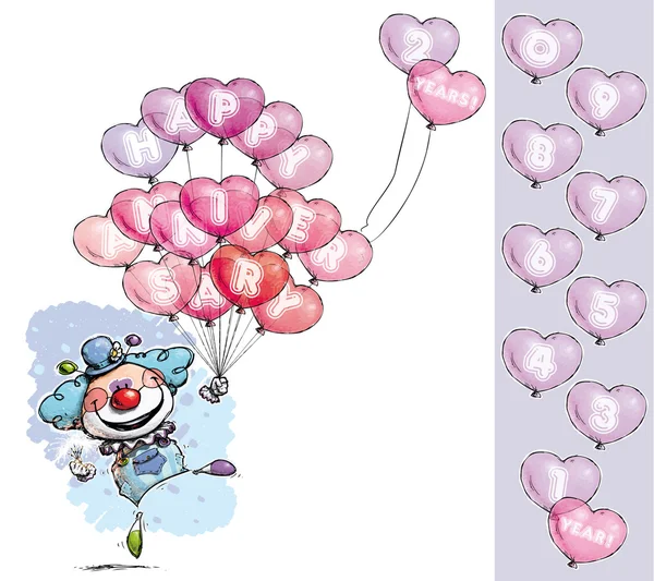 Clown with Heart Balloons Saying Happy Anniversary Boy Color (dalam bahasa Inggris) - Stok Vektor