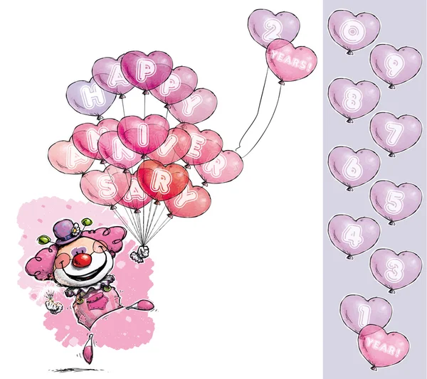 Clown con palloncini cuore dicendo Buon Anniversario - Colori ragazza — Vettoriale Stock