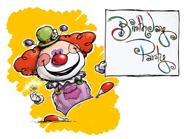 Clown Holding Invito-festa di compleanno — Vettoriale Stock