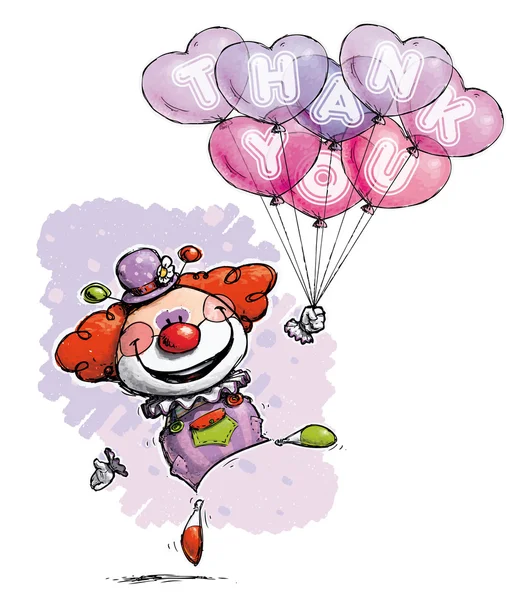 Clown con palloncini cuore dicendo grazie — Vettoriale Stock