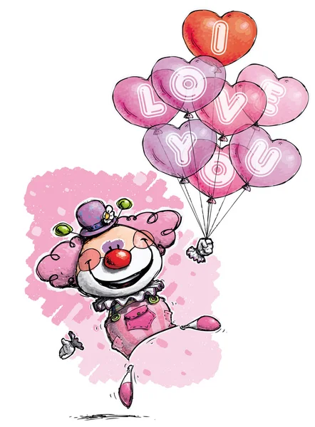 Payaso con globos de corazón diciendo Te amo - Colores de chica — Vector de stock