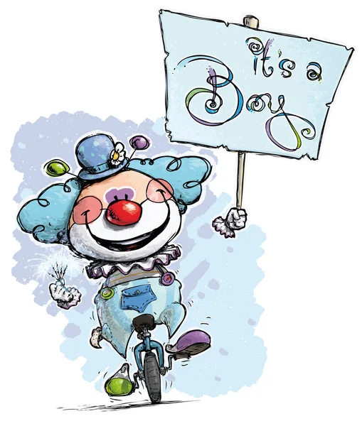 На одноколісному велосипеді клоун тримає це в плакат хлопчика — стоковий вектор