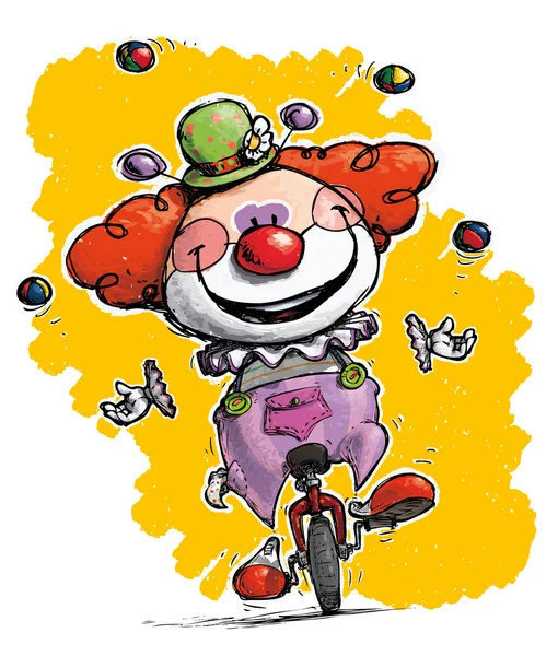 Clown auf dem Einrad jongliert — Stockvektor