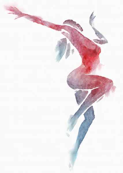 Naked Modern Dancer Red-Blue Watercolor on White — Stock Photo, Image