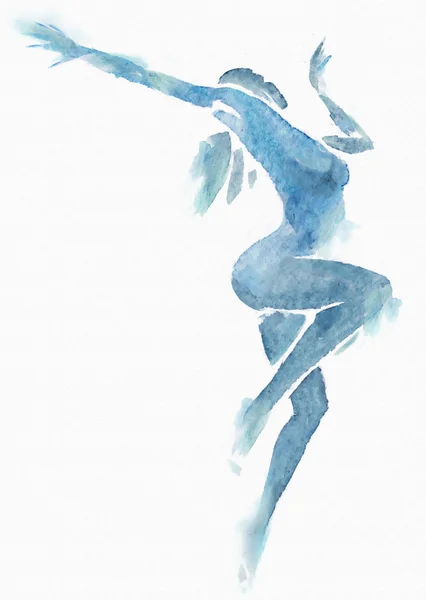 Naakte moderne danser blauwe waterverf op wit — Stockfoto