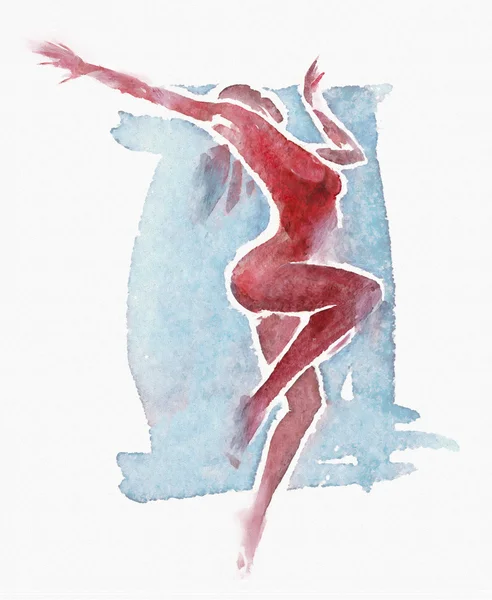 Γυμνή σύγχρονη χορεύτρια ακουαρέλα κόκκινο-μπλε — Φωτογραφία Αρχείου