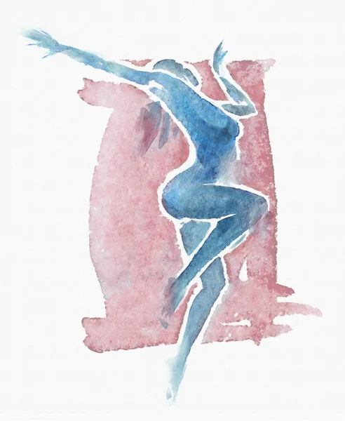 Γυμνή σύγχρονη χορεύτρια ακουαρέλα μπλε-κόκκινο — Φωτογραφία Αρχείου
