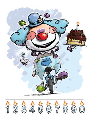 Clown on Unicle Carrying a Boy's Birthday Cake clipart