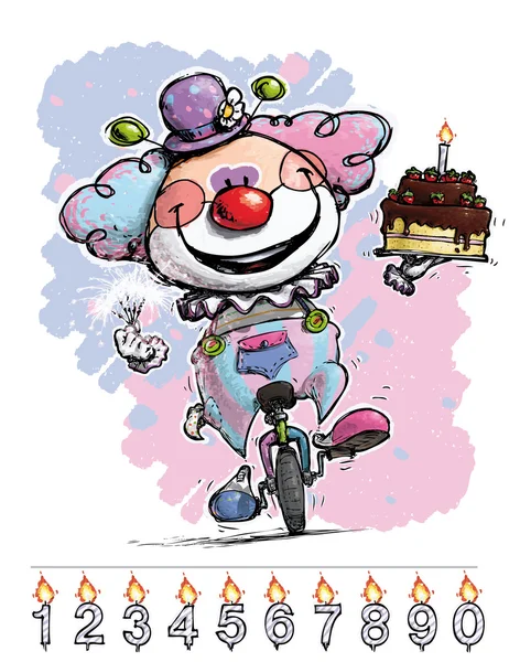 Payaso en la unicula llevando el pastel de cumpleaños de un bebé — Vector de stock