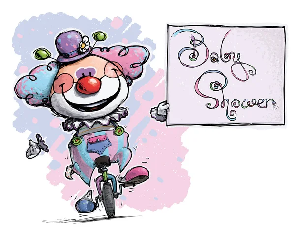 Clown auf Einrad mit Baby-Duschkarte — Stockvektor