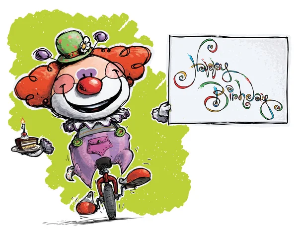 Clown on Unicle Holding a Happy Birthday Card - Stok Vektor