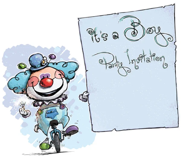 Clown on Unicle Holding Invitation - It 's a Boy Party — стоковый вектор
