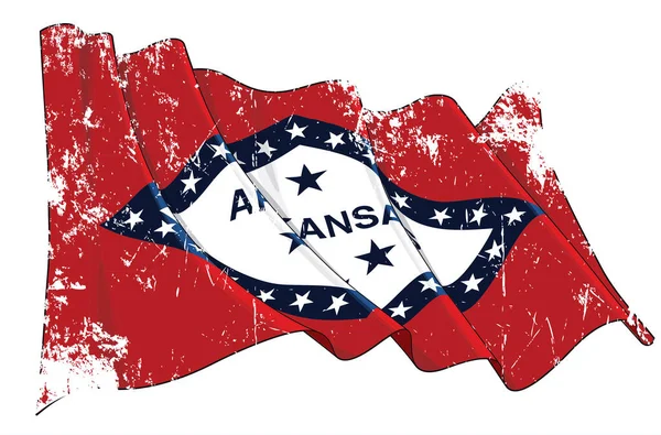 Vector Textured Grunge Illustration Einer Wehenden Flagge Des Bundesstaates Arkansas — Stockvektor