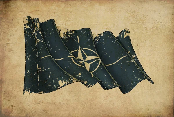 Teksturowane Stare Tło Papirusowe Porysowaną Ilustracją Flagi Machającej Nato — Zdjęcie stockowe