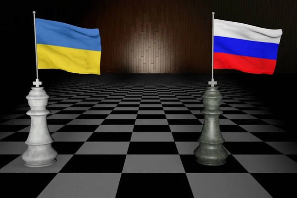 表示Ukraine和Russia Rendering的两个棋盘的奇形怪状概念渲染 — 图库照片