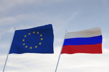Avrupa Birliği, AB ve Rusya 'nın bayrakları bulutlu mavi gökyüzü arkaplanıyla dalgalanıyor.