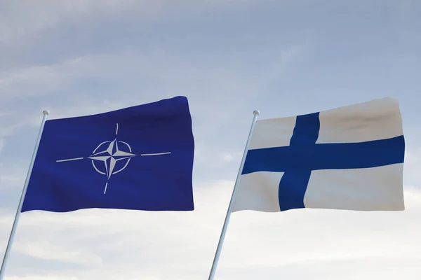 NATO ve FINLAND 'ın bayrakları bulutlu mavi gökyüzü arkaplanıyla dalgalanıyor.