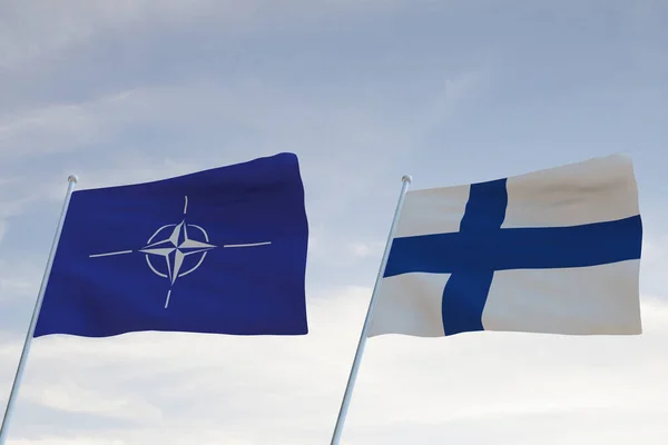 Nato Finland Bayrakları Bulutlu Mavi Gökyüzü Arkaplanıyla Dalgalanıyor — Stok fotoğraf