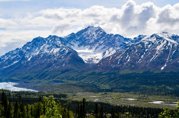 Vista Espetacular Uma Geleira Montanha Nevada Denali National Park Alaska — Fotografia de Stock