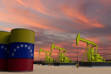 Güzel pompalama yağı çıkarma ve bulutlu gökyüzü güneş batımında Venezuela bayrağı ile petrol varillerinde 3D görüntüleme