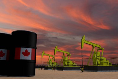 Güzel pompalama yağı çıkarma ve bulutlu gökyüzü gün batımında CANADA bayrağı ile petrol varillerinde 3D görüntüleme