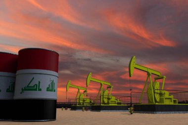 Güzel pompalama yağı çıkarma ve bulutlu gökyüzü gün batımında IRAQ bayrağı ile petrol varillerinde 3D görüntüleme