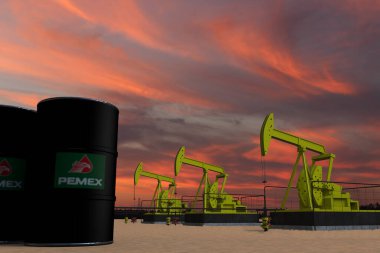 Güneş batarken petrolün güzel pompalanması ve bulutlu gökyüzü. Petrol varillerinin üzerinde PEMEX MEXICO bayrağı var.