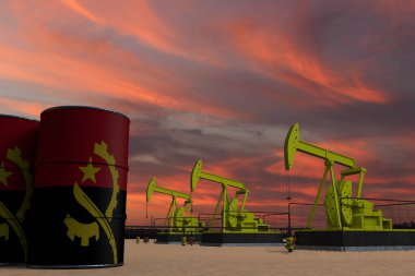 Gün batımında ANGOLA bayrağıyla petrol çıkarma ve bulutlu gökyüzü 3 boyutlu güzel pompalama.