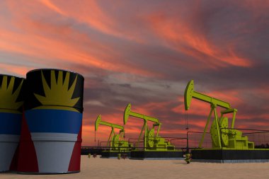 Gün batımında güzel pompalama yağı çıkarma ve bulutlu gökyüzü AnTIGUA ve BarBUDA bayrağı ile petrol varillerinde 3D görüntüleme