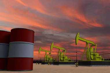 Gün batımında hava bulutlu gökyüzü ve petrol varillerinin üzerindeki AUSTRIA bayrağı...