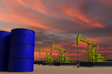 Güzel pompalama yağı çıkarma ve bulutlu gökyüzü gün batımında petrol varillerinde 3D görüntüleme