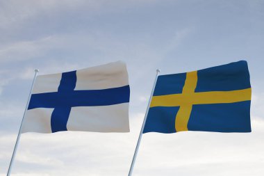 SWEDEN ve FINLAND 'ın bayrakları bulutlu mavi gökyüzü arkaplanıyla dalgalanıyor.