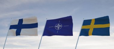 İSVEÇ NATO Bayrakları ve Bulutlu mavi gökyüzü arkaplanıyla dalgalanan Bayraklar, 3 boyutlu savaş