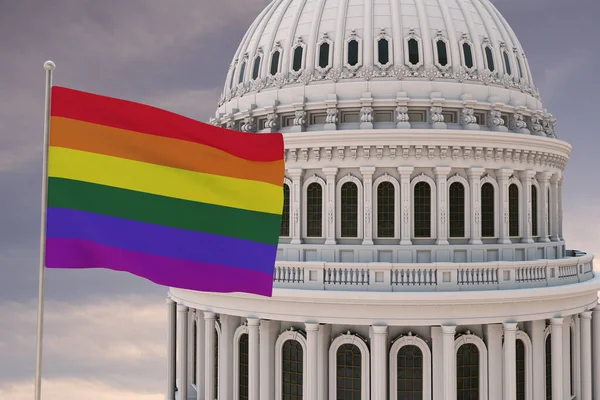 Beautiful Flag Lgbt Pride Waving Strong Wind Dome Capitol Usa — Stok fotoğraf