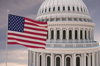 Beautiful flag of the United States of America waving with the strong wind and behind it the dome of the Capitol USA 3D RENDER, 3D RENDERING.	