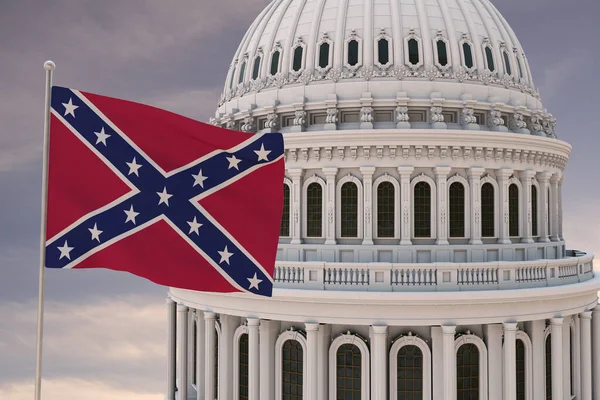 Güzel Konfederasyon savaş bayrağı güçlü rüzgarla dalgalanırken arkasında da Kongre Binası 3D RENDER, 3D RENDERING.