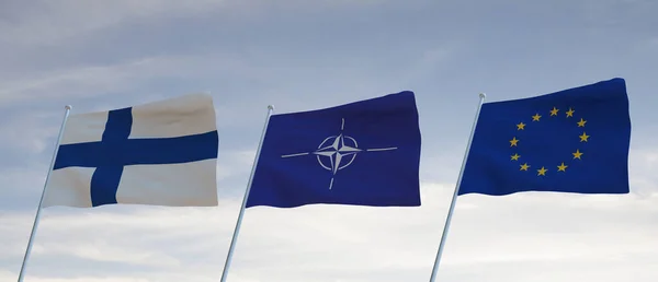 Flags European Union Nato Finland Waving Cloudy Blue Sky Background — стоковое фото