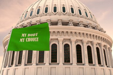 FEMINIST Feminizm 'in güzel bayrağı güçlü rüzgarla ve arkasında da Capitol USA Roe - Wade 3D RENDER, 3D RENDERING' in kubbesi sallanıyor.