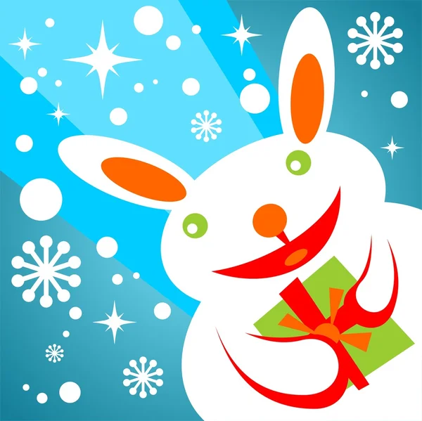 Sneeuw konijn met cadeau — Stockfoto