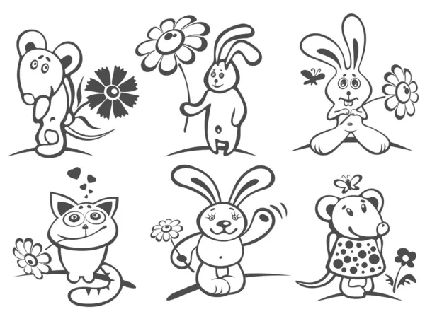 Cartoon animals with flowers — Stock Photo, Image