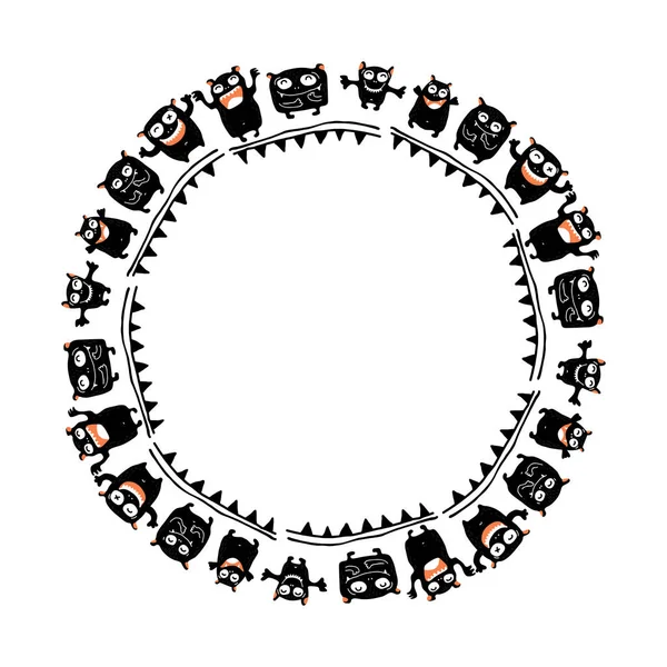 Kruh Hranice Roztomilé Příšery Izolované Bílém Pozadí Halloween Znaky Vektorové — Stockový vektor