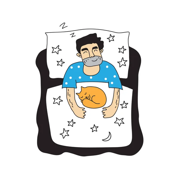 Szczęśliwy Śpiący Człowiek Leżący Łóżku Witn Cat Ilustracja Wektora Element — Wektor stockowy