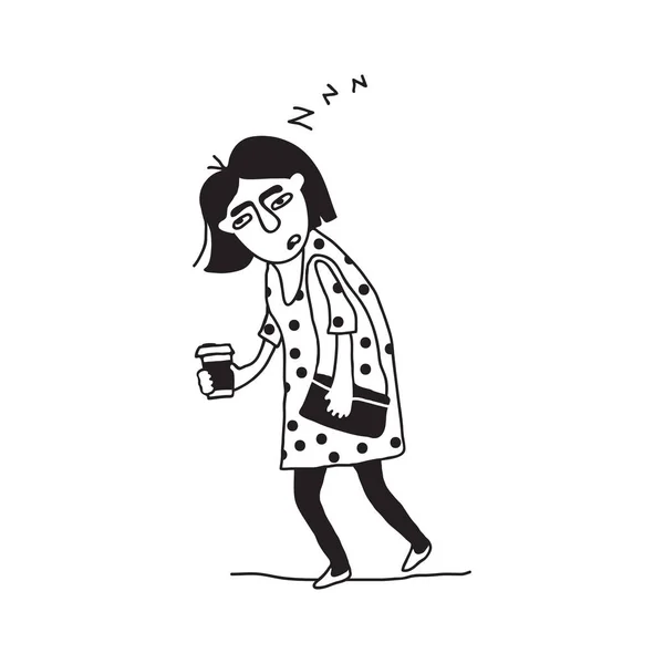 Femme Fatiguée Travailler Avec Café Emporter Concept Homme Insomnie Illustration — Image vectorielle