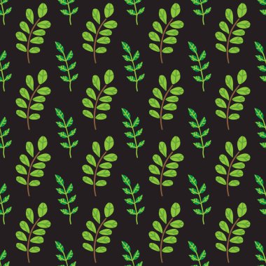 Koyu arkaplanda yeşil yapraklar olan kusursuz bir desen. Vektör çizimi. Pankart, duvar kağıdı, ambalaj kağıdı, kumaş için düz tasarım ögesi.