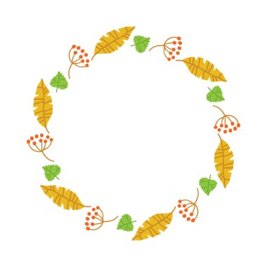 Sonbahar yapraklarıyla çevrili sınır beyaz arka planda izole edilmiş. Vektör çizimi. Broşür, poster, afiş, tebrik kartı ve fotoğraf çerçevesi için düz tasarım ögesi.