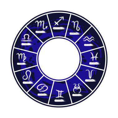 Beyaz arka planda astrolojik işaretleri olan zodyak çarkı. Zodiac takımyıldızı. Yıldız falı ve astrolojik tahminler için tasarım elemanı. Vektör illüstrasyonu.