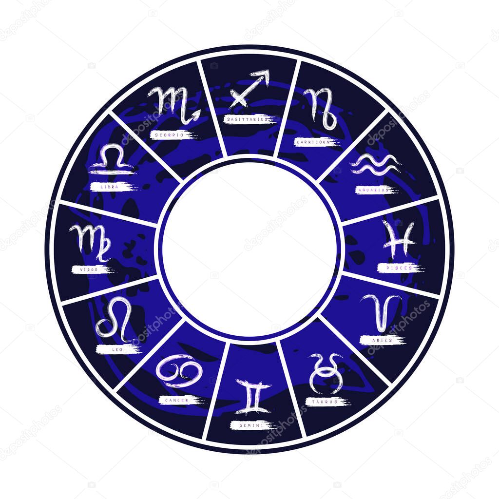 Zodiac wheel with astrological signs isolated on white background. Zodiac constellation. Design element for horoscope and astrological forecast. Vector illustration.